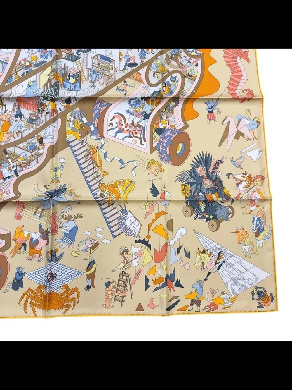 Hermes Silk Scarf Throw in Beige and Light Blue with Orange Accents